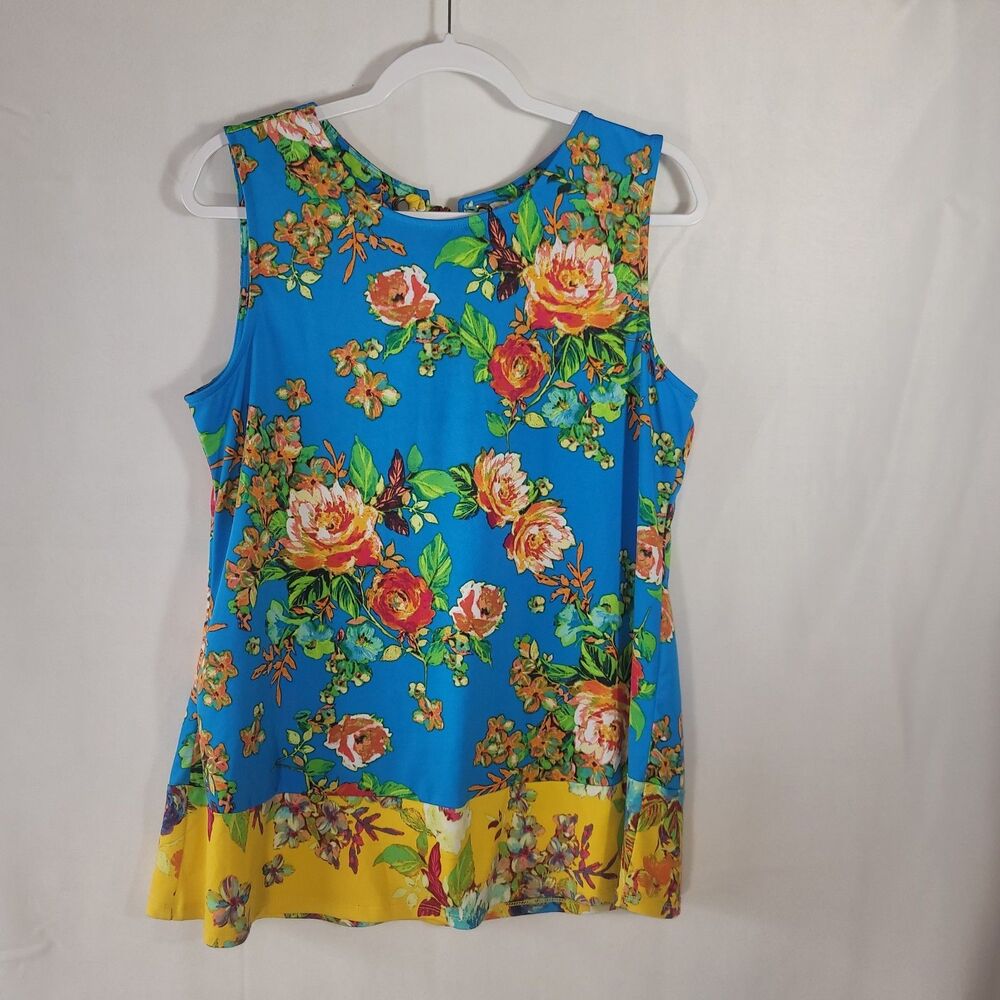 Coco Bianco Floral Open Back Sleeveless Blouse Top Blue Yellow Size L Tropical